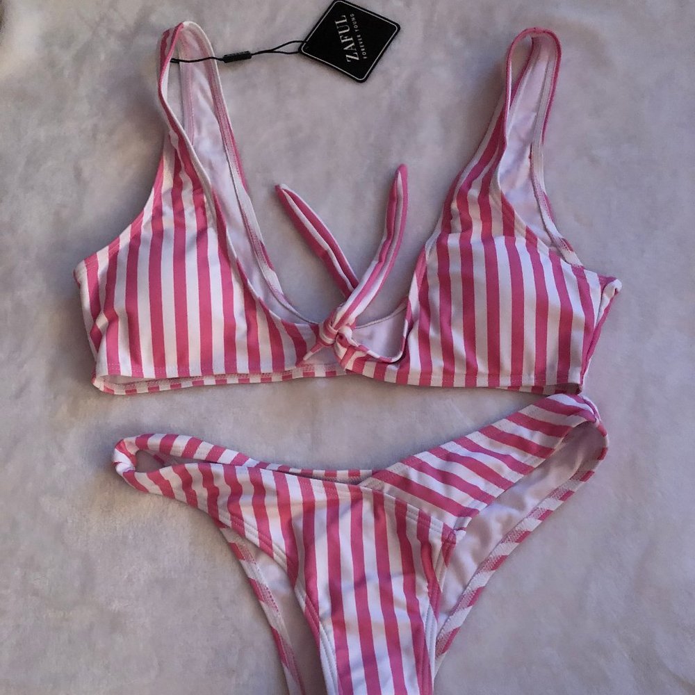 Pink & White Striped Bikini (Size S) (BRAND NEW)